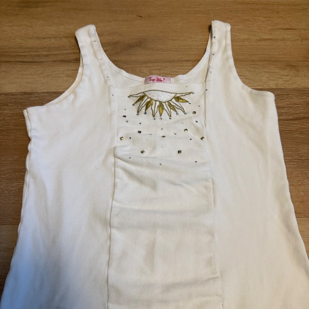 VTG Sue Who Ribbed Tank Top Rhinestone Star Celestial Y2K Scoop Neck Camisole